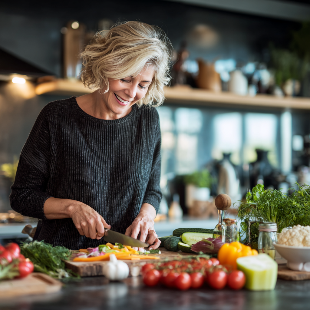 Middle-aged woman preparing healthy balanced meal in modern kitchen