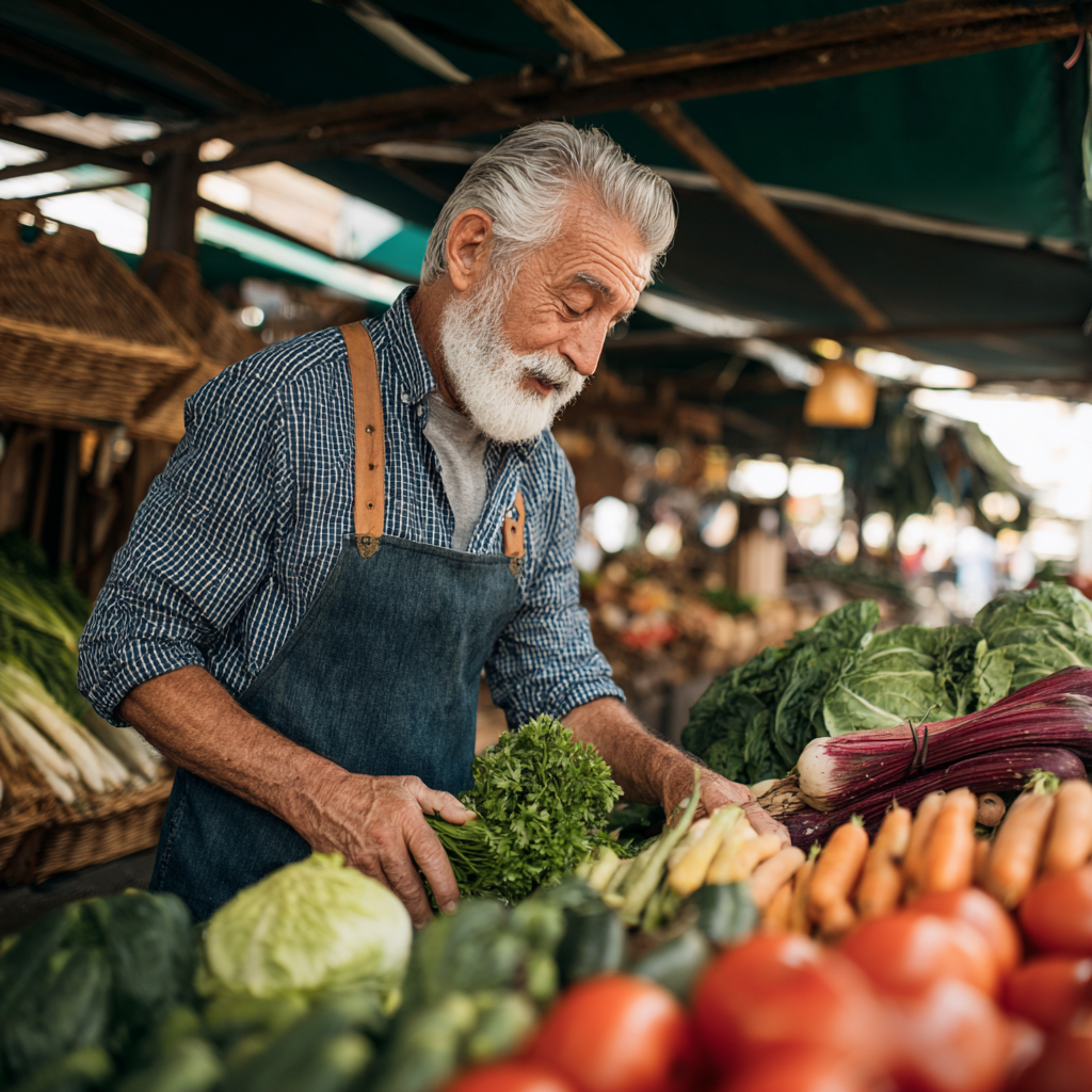 Senior man choosing fresh vegetables at local farmers market